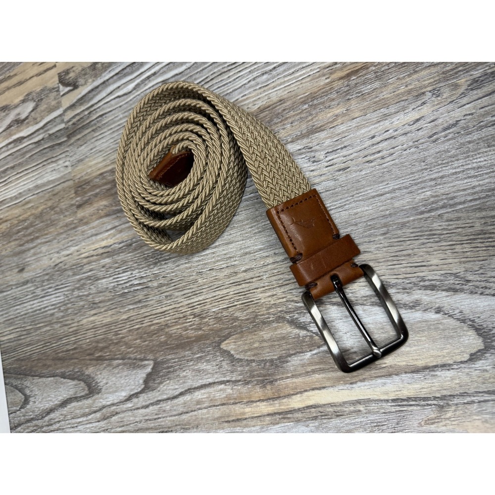 Tommy Bahama Mens Beige Woven Elastic Belt Leather Trim L/XL